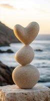 Balancing stone sculpture with heart shape by the ocean at sunset photo