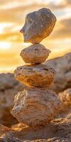 Balanced rock sculptures creating a face under a golden sunset sky photo