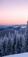 Stunning winter landscape at twilight with snow-covered mountains photo