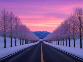 Stunning winter landscape with trees lining a road at sunset photo