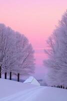 Winter landscape with frosted trees and a tranquil house at dusk photo