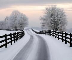 Snow-covered road winding through a winter landscape at dawn photo