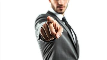 Confident Businessman in Suit Pointing Finger with Authority and Leadership photo