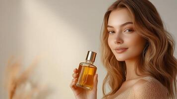 Gorgeous Model Holding Facial Oil Bottle for Healthy,Glowing Skin photo