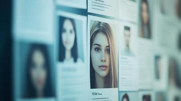 Thoughtful Woman's Headshot on Pinned Resume in HR Talent Selection Process photo