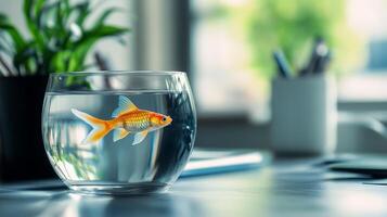 Vibrant Goldfish Swimming in a Tranquil Glass Aquarium with Lush Greenery Reflection photo
