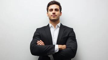 Confident professional businessman in formal attire standing with arms crossed photo