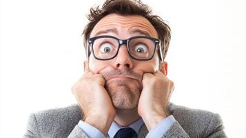 Startled Business Professional with Surprised Facial Expression and Hands on Face photo