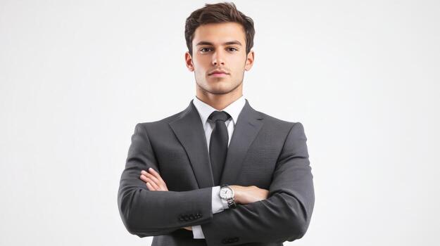 Confident Businessman in Suit Posing with Arms Crossed in Formal Corporate Setting photo