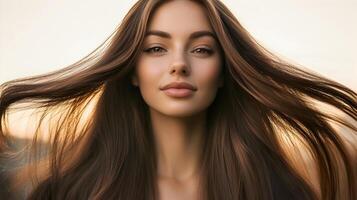Captivating Female Model with Lustrous Long Brunette Hair Posing in Studio photo