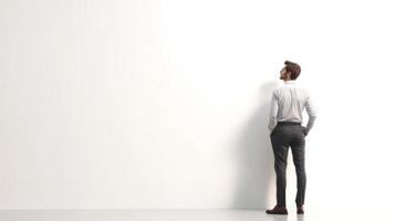 Thoughtful Man Standing Alone Against White Wall in Minimalist Interior photo
