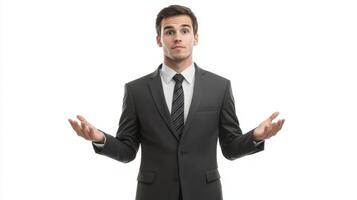 Businessman in Suit Gesturing with Uncertainty and Dilemma photo