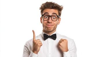 Geeky Businessman Shows Excitement and Enthusiasm for Career Success photo
