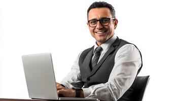 Confident Business Professional Smiling and Using Laptop in Office Workspace photo