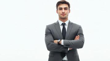 Serious Young Corporate Executive Businessman in Formal Suit and Tie Posing Against White Background photo