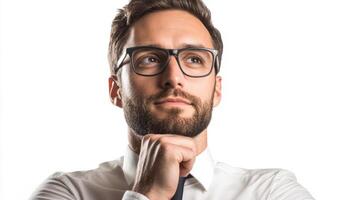 Thoughtful Businessman with Beard and Glasses Gazing Intently at photo