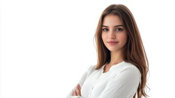 Confident and Friendly Young Woman Posing in a White Studio Setting photo