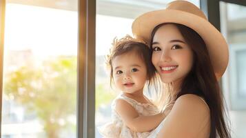 Affectionate Mother Embracing Smiling Daughter by Sunlit Window - Lifestyle Portrait of Joyful Family Bonding and Tender Maternal Love photo