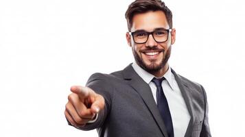 Confident Businessman in Suit Smiling and Pointing Forward in Bright Office Setting photo