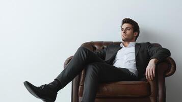 Confident Young Professional Sitting on Sofa in Formal Attire photo