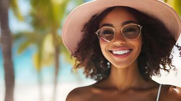 Captivating Tropical Chic - Carefree woman exudes charm and confidence amidst lush palm trees,her curly hair,wide smile,and stylish sunglasses creating a vibrant,summery atmosphere. photo