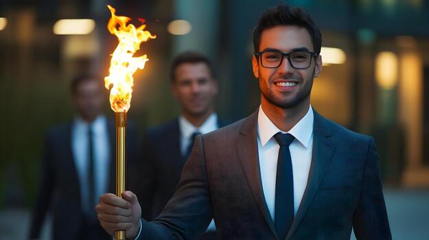 confidente empresario líder un determinado equipo con un simbólico Antorcha, negocio liderazgo concepto foto