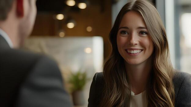 HR Manager Conducts Smiling Candidate Interview in Modern Office Setting photo