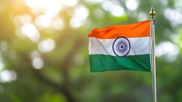 Vibrant Indian National Flag Waving on Blurred Nature Background photo