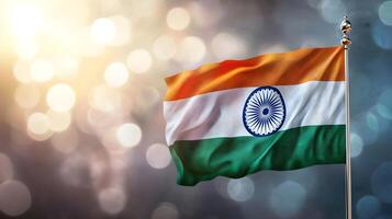 Vibrant Indian National Flag Waving in Blurred Patriotic Background photo