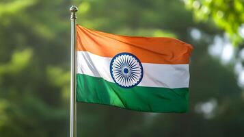 Waving Indian National Flag on Peaceful Nature Background photo