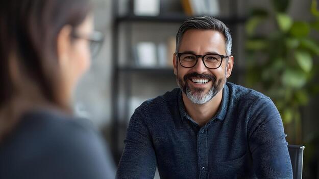 HR Manager Conducting Focused Interview with Smiling Candidate in Contemporary Office Setting photo
