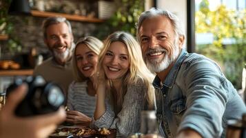 Happy and casual lifestyle of a group of smiling friends enjoying time together outdoors in a cozy,vibrant setting. The scene depicts a sense of closeness. photo