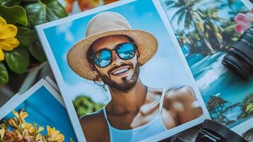 Carefree Tropical Lifestyle Vacation with Smiling Man in Sunglasses Enjoying the Beach,Palm Trees,and Sunny Paradise photo