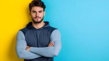 Handsome young male model with beard and casual hoodie sweater posing with arms crossed in front of vibrant yellow and blue studio background. Confident,stylish,and personable expression for fashion. photo