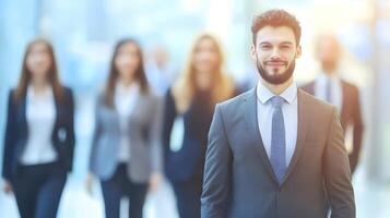Group of confident business professionals in formal suits and ties working together as a team in a corporate office setting,demonstrating and career success. photo