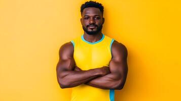 Confident and Muscular African American Male Model Posing with Arms Crossed Against Vibrant Yellow Background in Professional Studio Setting photo