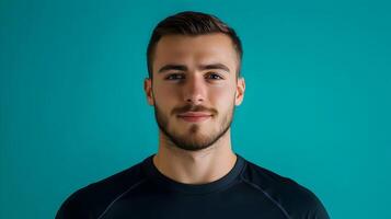 Headshot portrait of a serious,confident young Caucasian businessman wearing a dark suit and tie,looking directly at the against a vibrant turquoise background. Conveys a sense of professionalism. photo