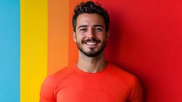 Cheerful and Confident Young Man With Beard in Bright Colorful Studio Background. Portrait of a smiling,happy and energetic male model wearing casual outfit posing against a vibrant multicolored wall. photo