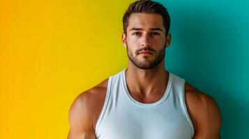 Confident and muscular young man with a stylish beard posing in a vibrant green and yellow studio backdrop,exuding a sense of strength,health,and fashion-forward style. photo