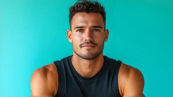 Stylish and Confident Brunette Man with Beard in Casual Outfit Posing in Studio Against Blue Background. Thoughtful and Focused Expression on Handsome,Muscular Male Model. photo