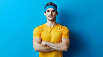 Fit,Muscular Young Man with Crossed Arms Striking a Confident,Athletic Pose in Front of a Vibrant Blue Background,Representing Healthy Lifestyle and Fitness photo