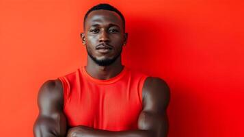 Confident and Muscular African American Man in Bright Red Outfit Posing with Serious Expression Against Vivid Solid Red Background photo