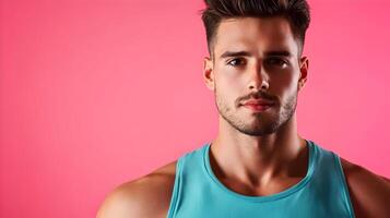 Confident Young Professional Man Posing with Serious,Thoughtful Expression Against Red Studio Background. Handsome Caucasian Male Model in Casual Clothing Looks Focused and Self-Assured. photo