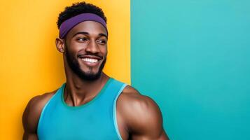 Portrait of a confident,athletic African American man smiling and wearing a turquoise tank top against a vibrant yellow and turquoise studio backdrop. He has a muscular build,a beard. photo