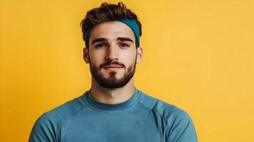 Bearded Young Man Gazing Intently with Confident Expression in a Yellow Studio Background photo