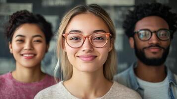Diverse group of young professionals smiling and discussing in a modern office setting photo