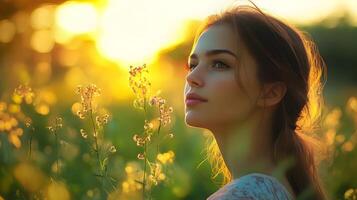 Serene young woman standing in a lush,vibrant meadow,bathed in the warm,golden light of the setting sun. Her expression is one of tranquil contemplation. photo