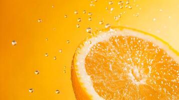 Juicy Citrus Fruit Slice with Vibrant Orange Splash and Bubbles photo