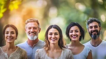 A group of diverse adults - caucasian,hispanic,and other ethnicities - standing together and smiling happily in a lush green park or meadow setting,conveying a sense of joy,friendship. photo