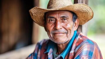 Friendly and Warm Elderly Man Smiling in Outdoor Rural Setting photo